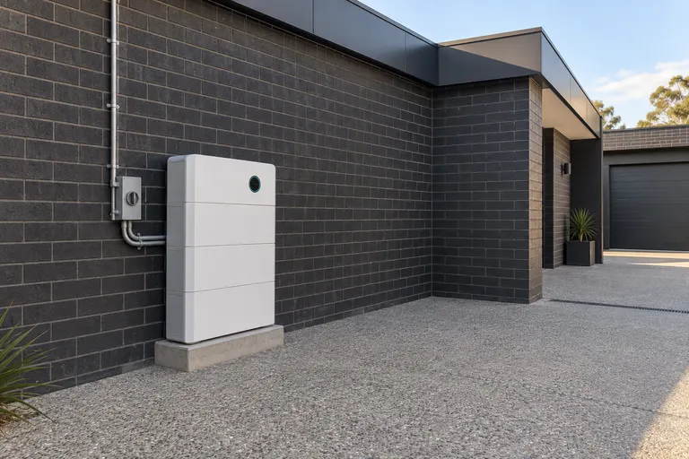 Illustrative render of a three-module home battery on a charcoal brick wall near a garage