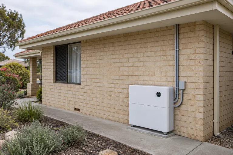 Illustrative home battery for the solar battery rebate WA guide, cream brick bungalow