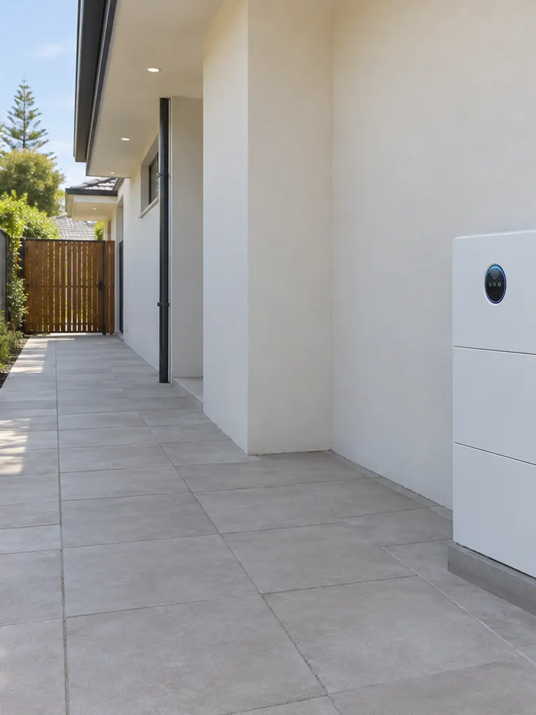 Illustrative render of a white home battery on a rendered wall beside a garden path