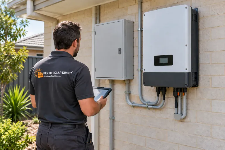 Technician checking an existing solar inverter and switchboard for a solar battery rebate quote (illustrative scene)